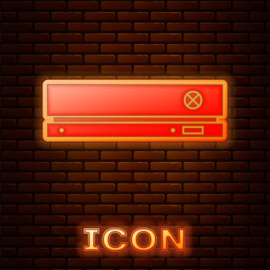 Parlayan neon oyun konsolu simgesi tuğla duvar arka planında izole edildi. Vektör İllüstrasyonu