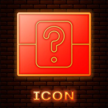 Parlak neon ışıklı gizemli kutu ya da tuğla duvar arkasında izole edilmiş oyun ikonu için rastgele ganimet kutusu. Soru kutusu. Vektör İllüstrasyonu