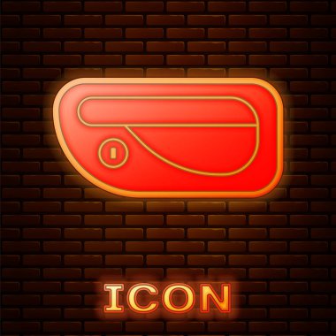 Parlayan neon kapılı kapı kolu ikonu tuğla duvar arkasında izole edilmiş. Vektör İllüstrasyonu