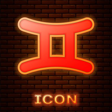 Parlayan neon rengi Gemini burç simgesi tuğla duvar arkasında izole edilmiş. Astrolojik yıldız falı koleksiyonu. Vektör İllüstrasyonu