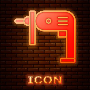 Parlayan neon elektrikli matkap ikonu tuğla duvar arka planında izole edilmiş. Tamir aleti. Vektör İllüstrasyonu