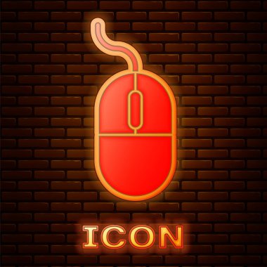 Parlayan Neon bilgisayar fare simgesi tuğla duvar arka planda izole. Tekerlek sembollü optik. Vektör Illustration