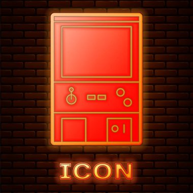 Parlayan neon rektro oyun makinesi simgesi tuğla duvar arka planında izole edildi. Vektör İllüstrasyonu