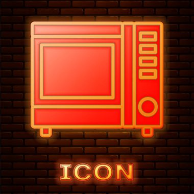 Parlayan neon mikrodalga fırın ikonu tuğla duvar arka planında izole edilmiş. Ev aletleri simgesi. Vektör İllüstrasyonu