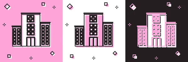 Állítsa orvosi kórház épület kereszt ikon elszigetelt rózsaszín és fehér, fekete háttér. Orvosi központ. Egészségügyi ellátás. Vektorillusztráció — Stock Vector