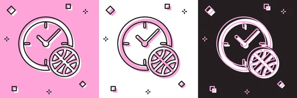Set Orologio con pallone da basket all'interno icona isolata su sfondo rosa e bianco, nero. E 'l'ora del basket. Sport e allenamento. Illustrazione vettoriale — Vettoriale Stock