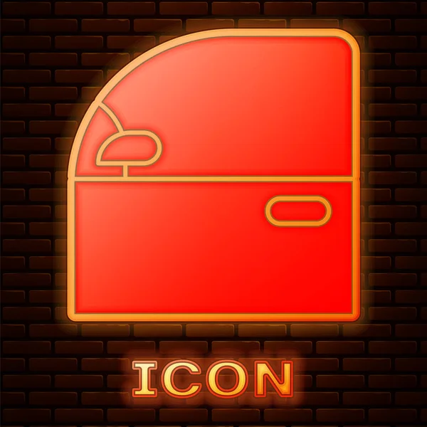 Brillante icono de puerta de coche de neón aislado en el fondo de la pared de ladrillo. Ilustración vectorial — Vector de stock