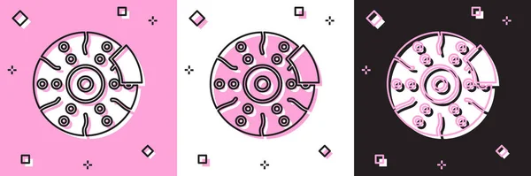 Definir disco de freio de carro com ícone de paquímetro isolado em rosa e branco, fundo preto. Ilustração vetorial — Vetor de Stock