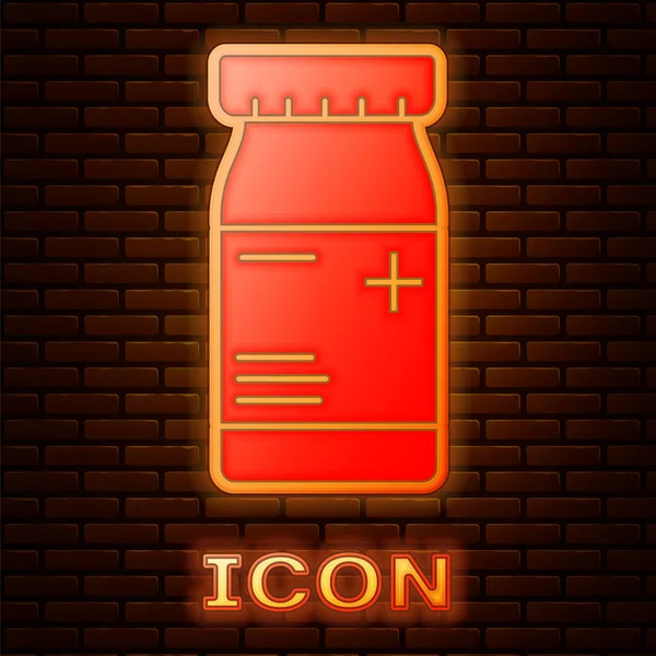 Zářící neon Lék láhev a pilulky ikona izolované na cihlové zdi pozadí. Značka lahvičky. Návrh lékáren. Vektorová ilustrace — Stockový vektor