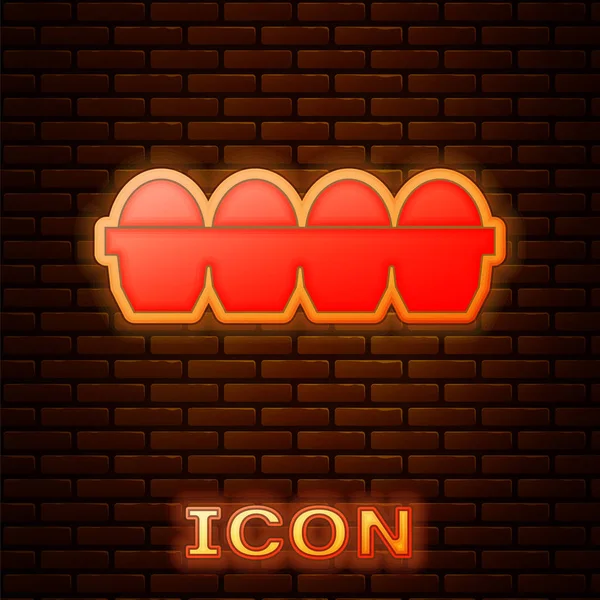 Gloeiend neon Kip ei in doos pictogram geïsoleerd op baksteen muur achtergrond. Vector Illustratie — Stockvector