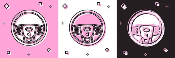 Definir ícone do volante isolado em rosa e branco, fundo preto. Ícone da roda do carro. Ilustração vetorial — Vetor de Stock