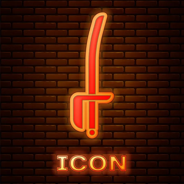 Leuchtende Neon-Piratenschwert-Ikone isoliert auf Backsteinmauer Hintergrund. Säbelzeichen. Vektorillustration — Stockvektor