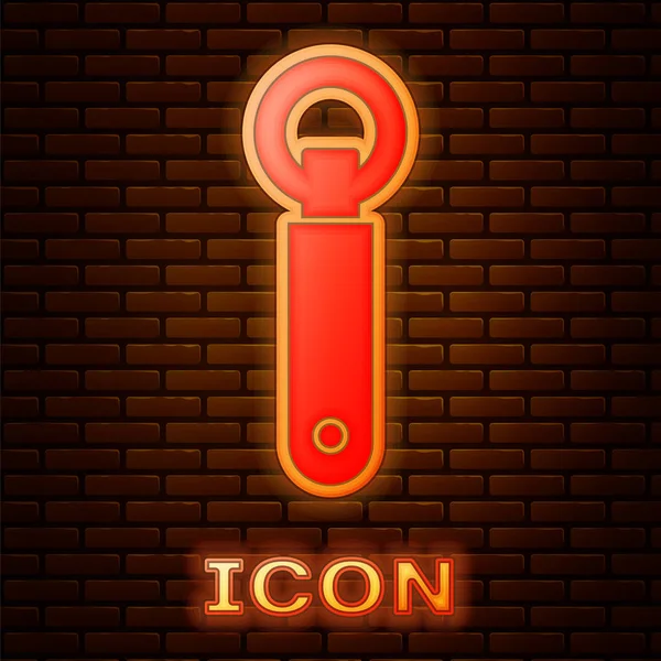 Gloeiende neon fles opener pictogram geïsoleerd op baksteen muur achtergrond. Vector Illustratie — Stockvector