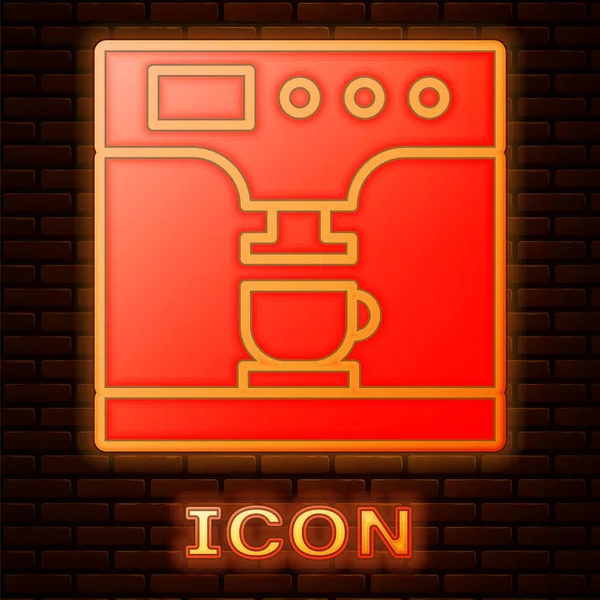 Neon incandescente Macchina da caffè e icona tazza di caffè isolato su sfondo muro di mattoni. Illustrazione vettoriale — Vettoriale Stock