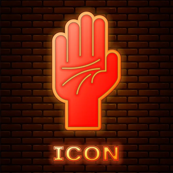Luminosité néon Palmistie de l'icône de la main isolée sur fond de mur de briques. Illustration vectorielle — Image vectorielle