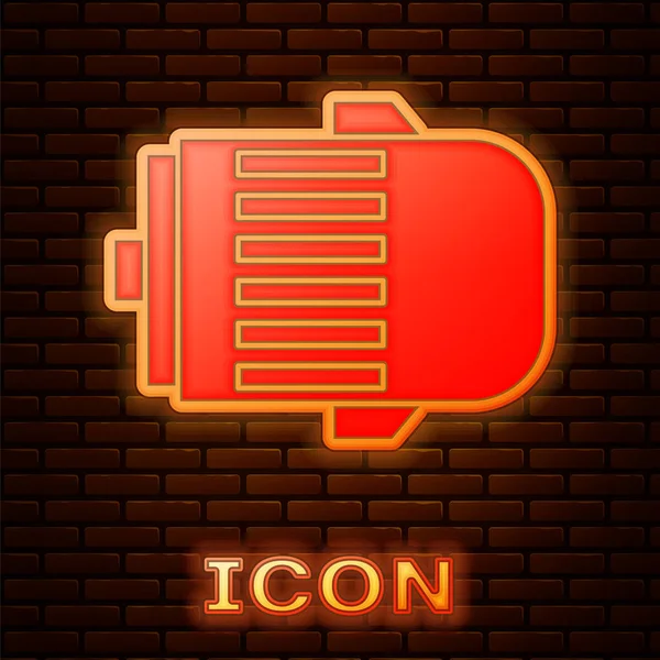 Icona luminosa al neon motore elettrico isolato su sfondo muro di mattoni. Alternatore per auto. Illustrazione vettoriale — Vettoriale Stock