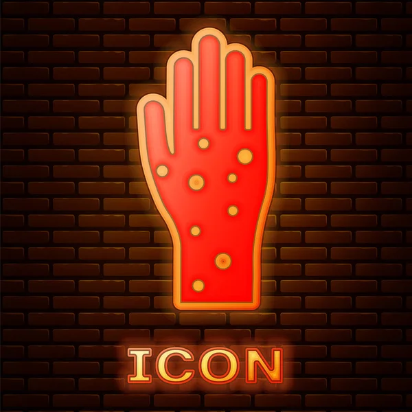 Glowing neon Hand with psoriasis or eczema icon isolated on brick wall background. Concept of human skin response to allergen or chronic body problem. Vector Illustration — Stock Vector