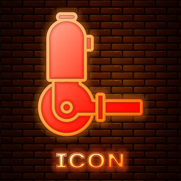 Icona smerigliatrice al neon incandescente ad angolo isolato su sfondo muro di mattoni. Illustrazione vettoriale — Vettoriale Stock