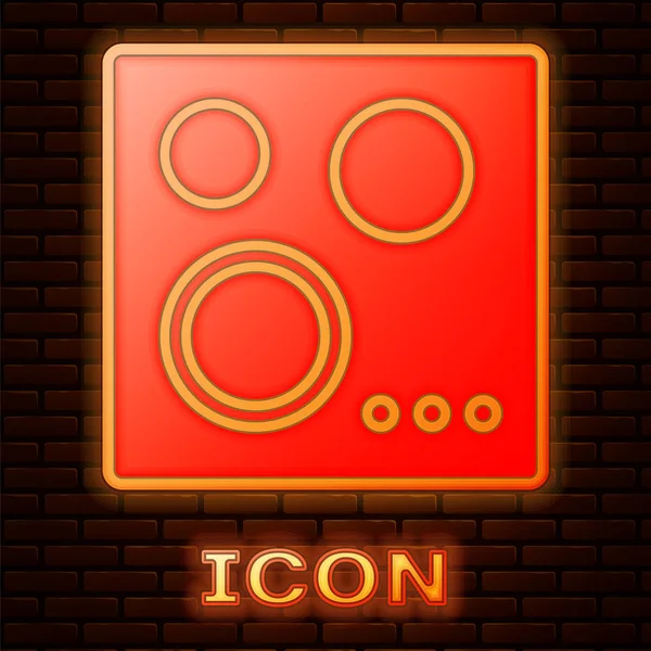 Glowing neon Gas stove icon isolated on brick wall background. Cooktop sign. Hob with four circle burners. Vector Illustration — Stock Vector