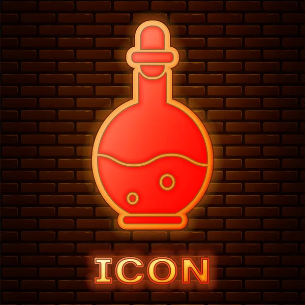 Flacon en verre néon brillant avec icône d'élixir magique isolé sur fond de mur de briques. Un atout de jeu informatique. Illustration vectorielle — Image vectorielle