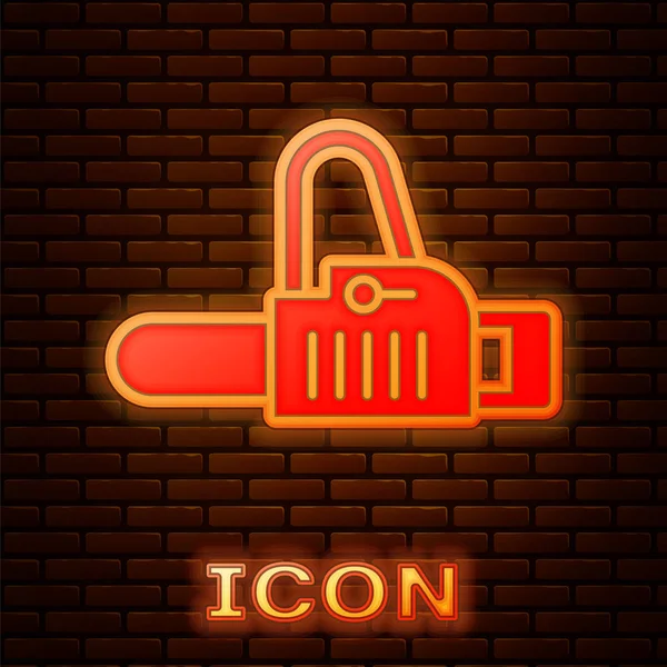 Icona luminosa al neon motosega isolata su sfondo muro di mattoni. Illustrazione vettoriale — Vettoriale Stock