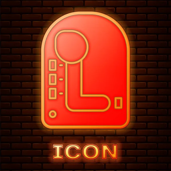 Gloeiende neon Gear shifter pictogram geïsoleerd op baksteen muur achtergrond. Transmissie icoon. Vector Illustratie — Stockvector