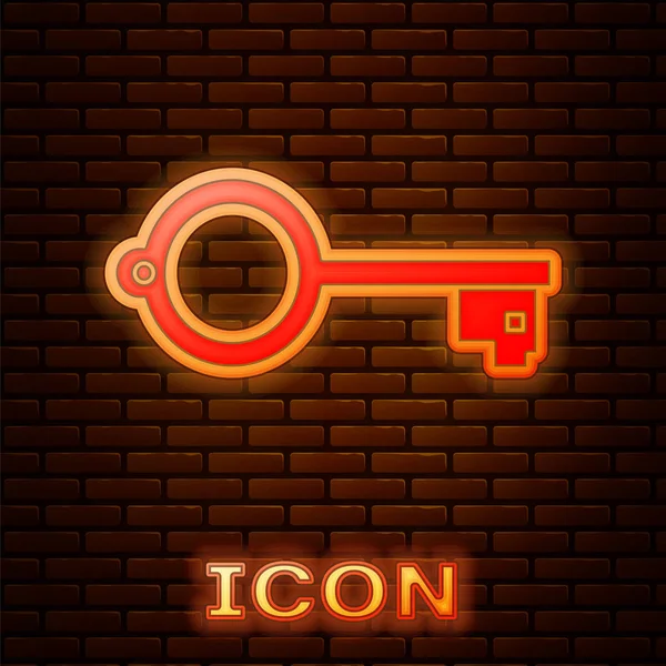 Neon incandescente Antica chiave per l'icona del gioco isolato su sfondo muro di mattoni. Illustrazione vettoriale — Vettoriale Stock