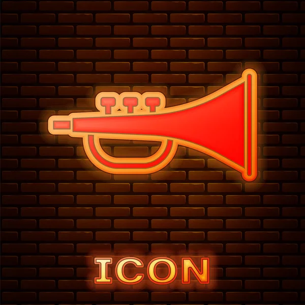 Glowing neon Musical instrument trumpet icon isolated on brick wall background. Vector Illustration — Stock Vector