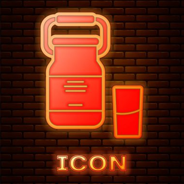 Süt ve cam ikon için parlayan neon teneke kutu tuğla duvar arka planında izole edilmiş. Vektör İllüstrasyonu