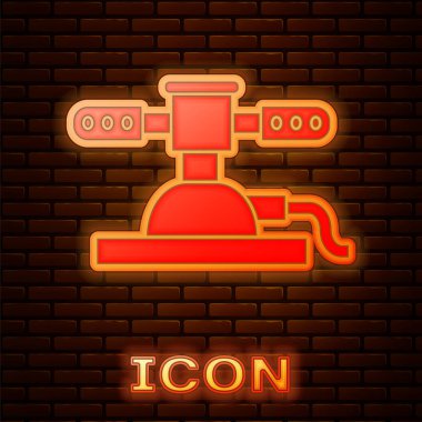 Parlayan Neon otomatik sulama Sprinkler simgesi tuğla duvar arka planda izole. Sulama Ekipmanları. Bahçe elemanı. Püskürtme tabancası simgesi. Vektör Illustration