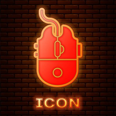 Parlayan neon fareli oyun ikonu tuğla duvar arka planında izole edildi. Tekerlek sembollü optik. Vektör İllüstrasyonu
