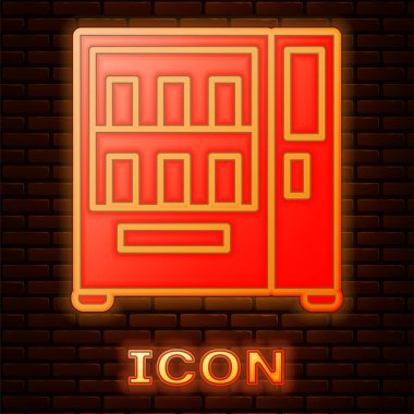 Parlayan neon otomatı yiyecek ve içecek otomatiği. Tuğla duvar arkasında izole edilmiş ikon satışı. Vektör İllüstrasyonu