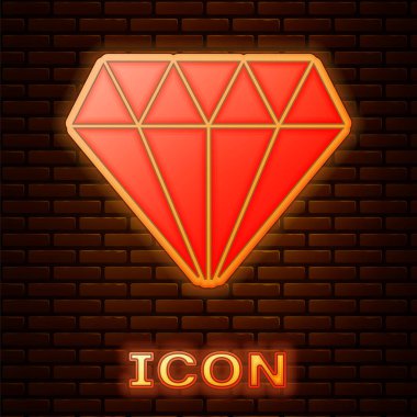 Parlayan neon Diamond simgesi tuğla duvar arka plan izole. Mücevher sembolü. Mücevher taşı. Vektör İllüstrasyonu