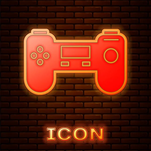 Leuchtende Neon-Gamepad-Symbol isoliert auf Backsteinwand Hintergrund. Spielkontrolle. Vektorillustration — Stockvektor