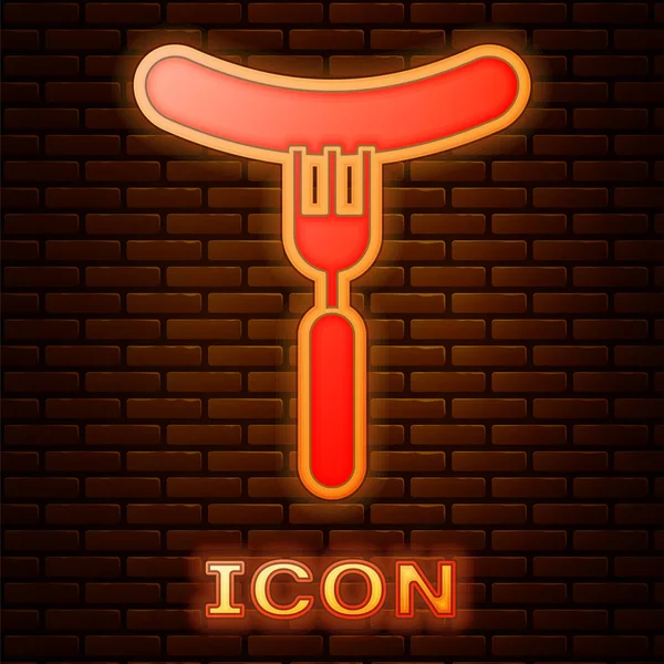 Saucisse au néon brillant sur l'icône de fourchette isolée sur fond de mur de briques. Saucisse grillée et arôme signe. Illustration vectorielle — Image vectorielle