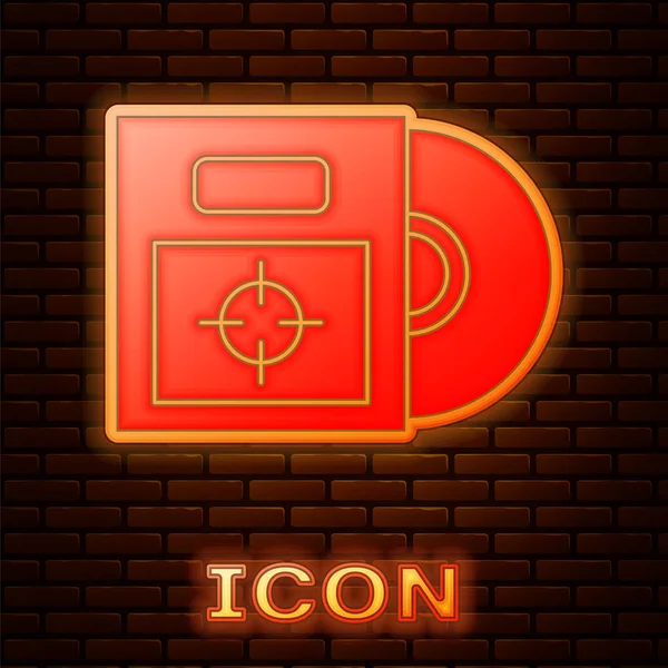 Glowing neon CD or DVD disk in box icon isolated on brick wall background. Compact disc sign. Vector Illustration — ストックベクタ