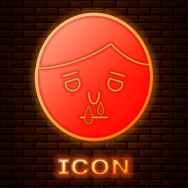 Glowing neon Runny nose icon isolated on brick wall background. Rhinitis symptoms, treatment. Nose and sneezing. Nasal diseases. Vector Illustration — ストックベクタ