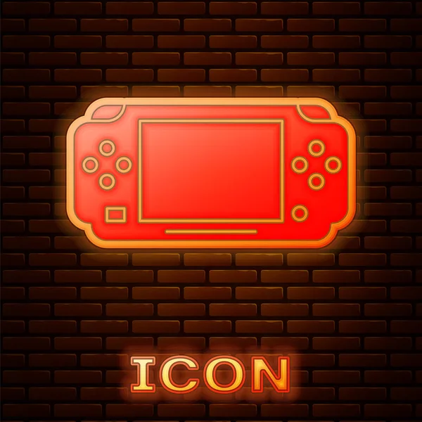 Icono de consola de videojuegos portátil de neón brillante aislado en el fondo de la pared de ladrillo. Señal de mando. Concepto de juego. Ilustración vectorial — Vector de stock