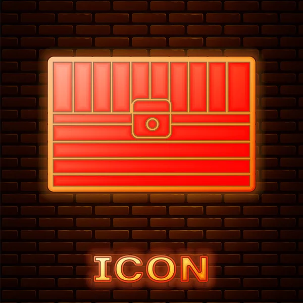 Neon incandescente Antica icona scrigno isolato su sfondo muro di mattoni. Cassettone vintage in legno con moneta d'oro. Illustrazione vettoriale — Vettoriale Stock