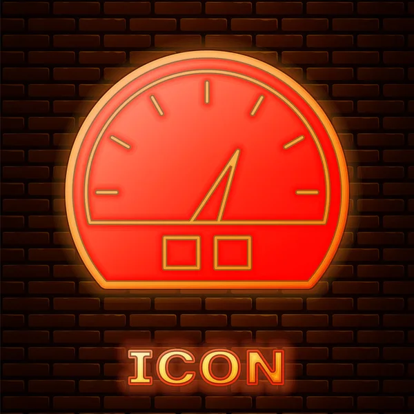 Gloeiende neon Speedometer icoon geïsoleerd op bakstenen muur achtergrond. Vector Illustratie — Stockvector