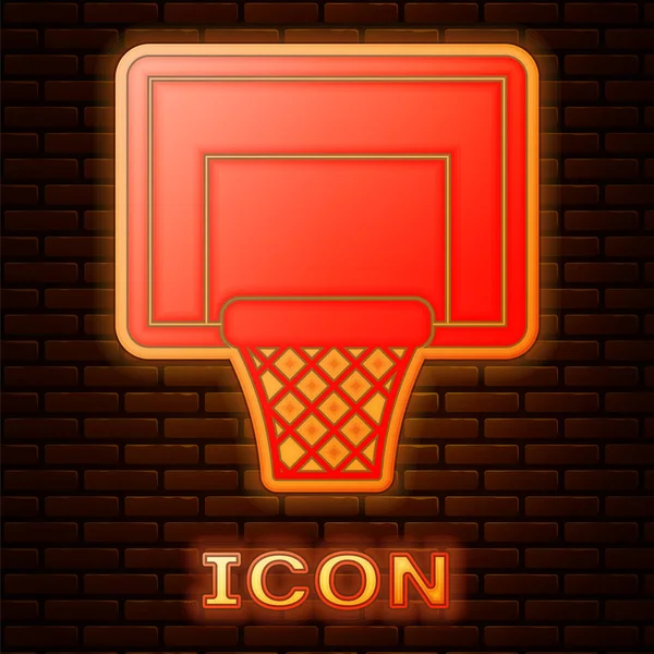 Светящийся неоновый баскетбольный значок на фоне кирпичной стены. Векторная миграция — стоковый вектор
