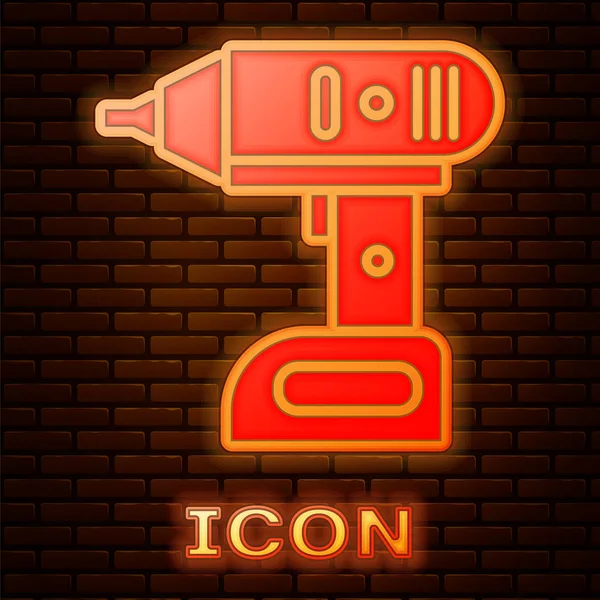Glödande neon Elektrisk sladdlös skruvmejsel ikon isolerad på tegel vägg bakgrund. Elektrisk borrmaskin. Reparationsverktyg. Vektor Illustration — Stock vektor