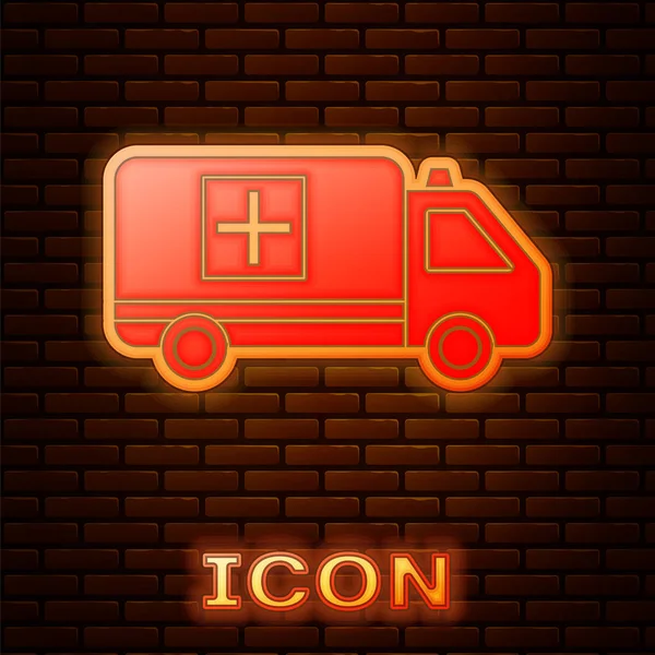 Glödande neon ambulans och nödbil ikon isolerad på tegelvägg bakgrund. Ambulans fordon medicinsk evakuering. Vektor Illustration — Stock vektor