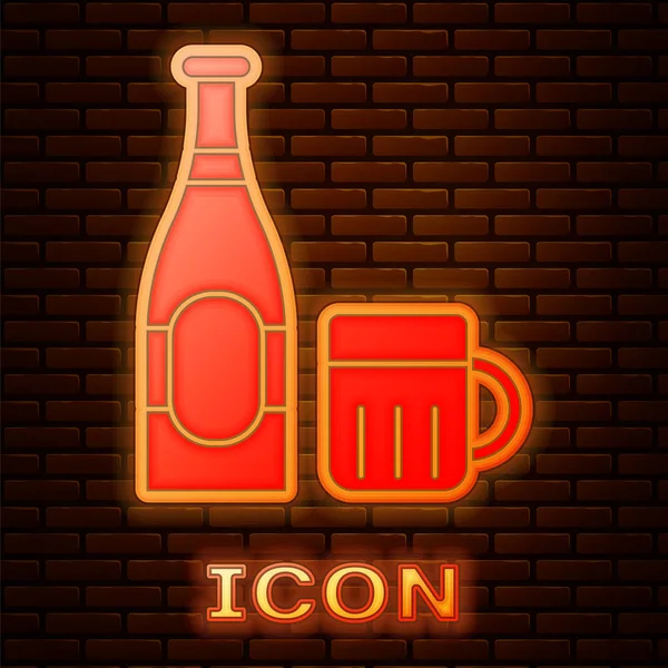 Flacon lumineux néon bière et icône en verre isolé sur fond de mur de briques. Boisson d'alcool symbole. Illustration vectorielle — Image vectorielle