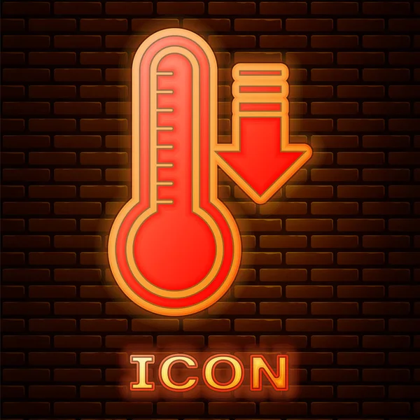 Leuchtende Neon-Meteorologie-Thermometer, das Hitze und Kälte misst, isoliert auf Backsteinmauer Hintergrund. Thermometerausrüstung, die heißes oder kaltes Wetter zeigt. Vektorillustration — Stockvektor