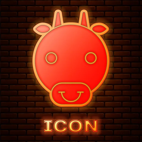 Świecący neon Ox znak zodiaku ikona izolowane na tle cegły ściany. Astrologiczna kolekcja horoskopów. Ilustracja wektora — Wektor stockowy