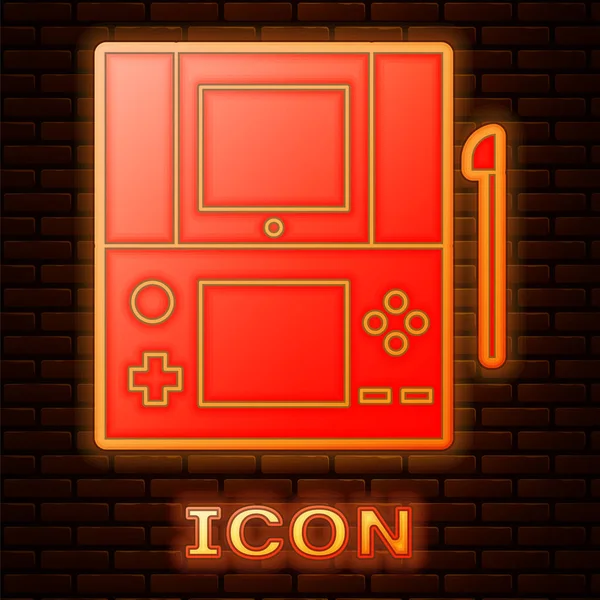 Glowing neon Portable video game console icon isolated on brick wall background. Gamepad sign. Gaming concept. Vector Illustration — Stock Vector