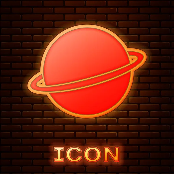 Leuchtender Neon Planet saturn mit Planetenringsystem Symbol isoliert auf Backsteinwand Hintergrund. Vektorillustration — Stockvektor