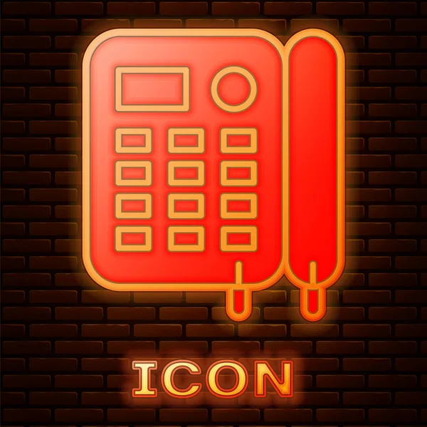 Gloeiende neon Telefoon pictogram geïsoleerd op baksteen muur achtergrond. Vaste telefoon. Vector Illustratie — Stockvector