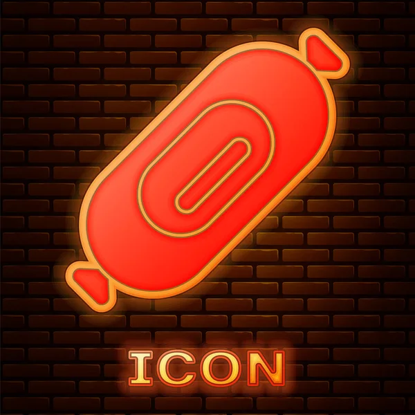 Świecąca Neon ikona kiełbasa salami izolowane na tle muru ceglanego. Mięso Delikatesy produkt. Ilustracja wektorowa — Wektor stockowy